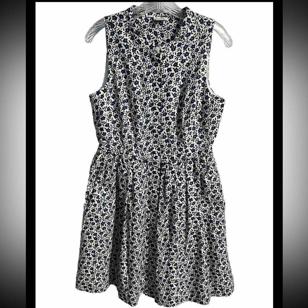 J Crew Women's Dress SZ 6 Blue Ivory Sleeveless Linen & Cotton WORN ONCE Pockets